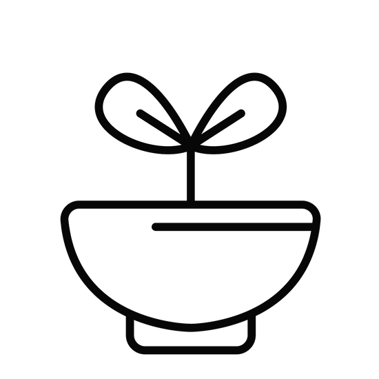 Black and white icon of a plant growing out of a bowl on a black background