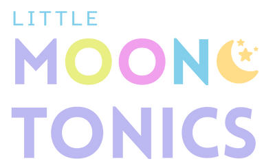Logo of Little Moon Tonics with colorful text and moon icon on a white background