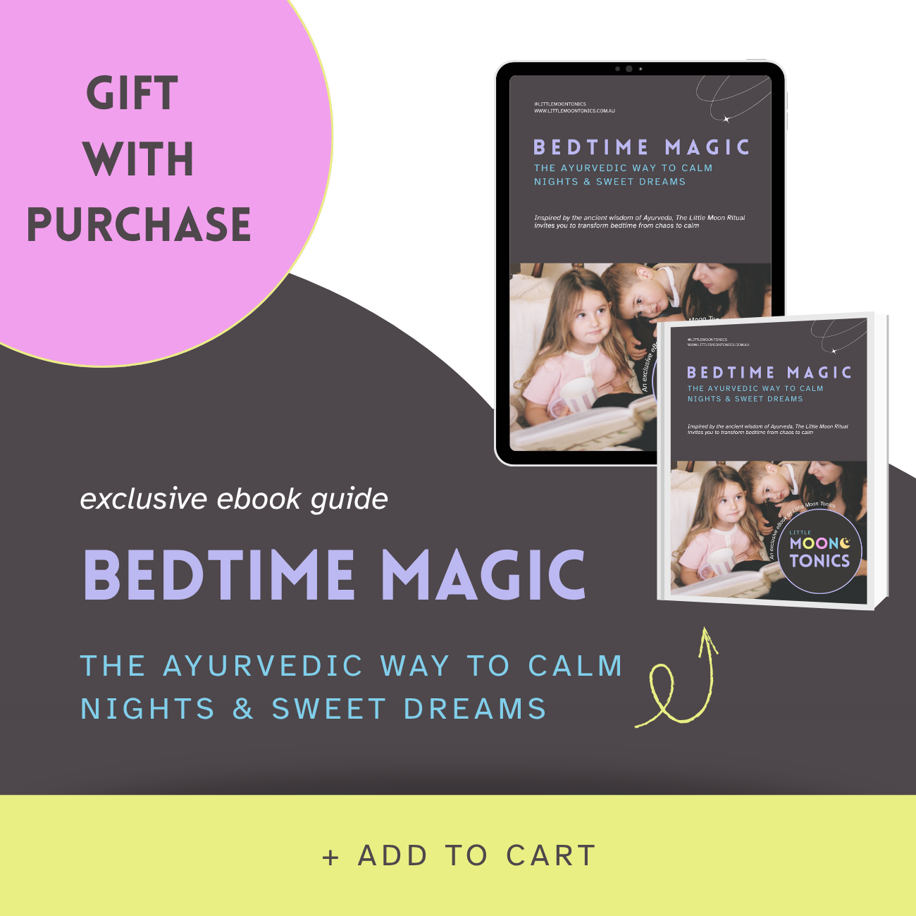 Promotional graphic for 'Bedtime Magic' ebook guide with a tablet and book illustration.